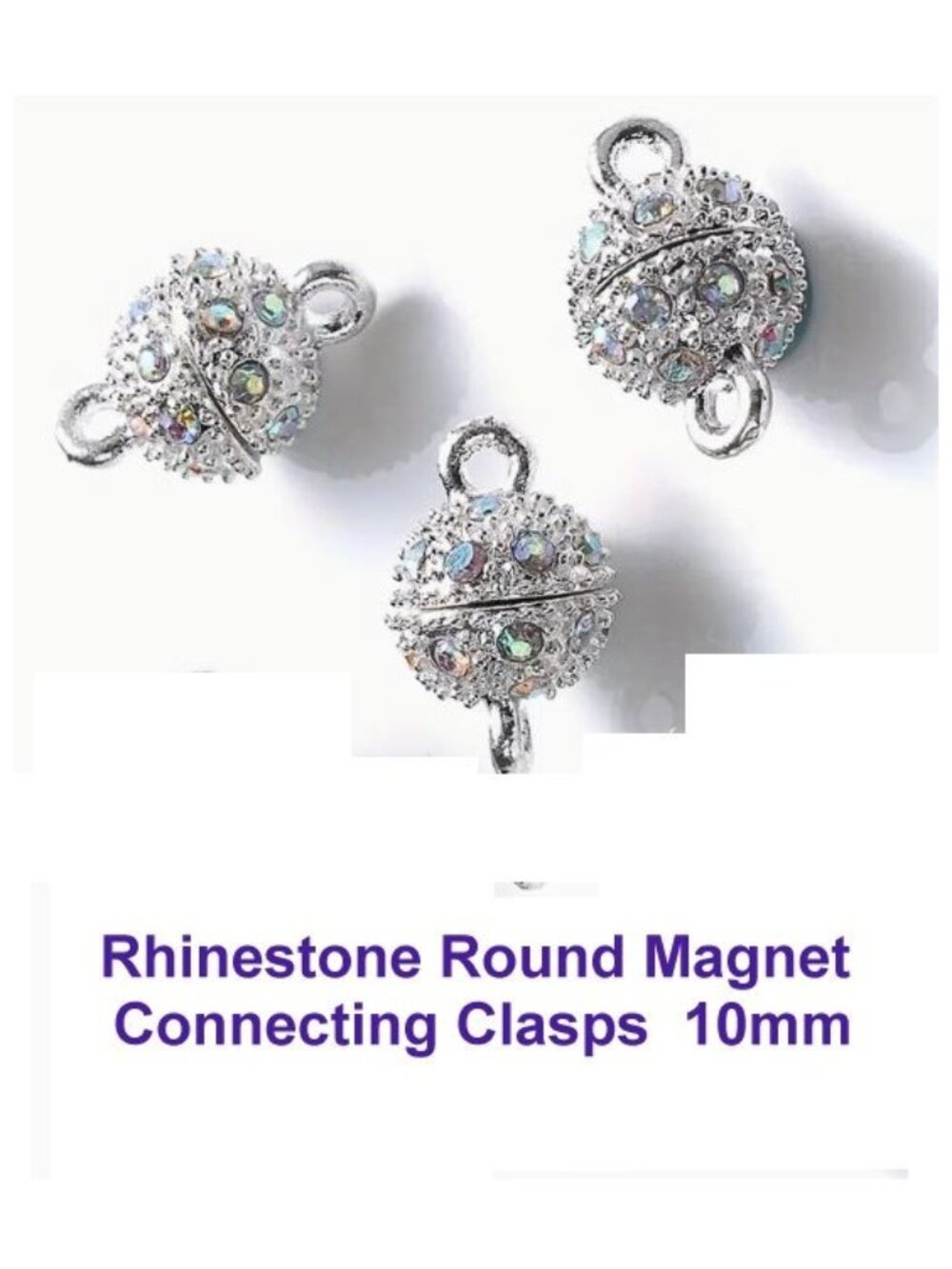 Magnetic Jewelry Clasps in Silver & Rhinestone.  10mm  Quantity 3